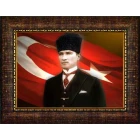 Atatürk Tablosu Kalpaklı Çerçeveli - Mustafa Kemal Portresi Bayraklı Yatay Tasarım ATACRAP34Y