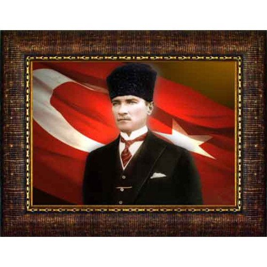 Atatürk Tablosu Kalpaklı Çerçeveli - Mustafa Kemal Portresi Bayraklı Yatay Tasarım ATACRAP34Y
