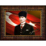 Atatürk Tablosu Kalpaklı Çerçeveli - Mustafa Kemal Portresi Bayraklı Yatay Tasarım ATACRAP34Y