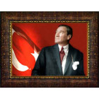 Atatürk Tablosu Çerçeveli - Göğe Bakan Kravatlı Mustafa Kemal Portresi Bayraklı Yatay Tasarım ATACRAP36Y