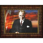 Atatürk Tablosu Çerçeveli - Mustafa Kemal Portresi Bayraklı Yatay Tasarım ATACRAP38Y