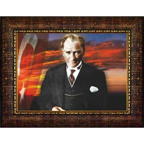 Atatürk Tablosu Çerçeveli - Mustafa Kemal Portresi Bayraklı Yatay Tasarım ATACRAP38Y