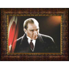 Atatürk Tablosu Çerçeveli - Mustafa Kemal Portresi Bayraklı Yatay Tasarım ATACRAP42Y