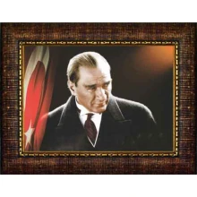 Atatürk Tablosu Çerçeveli - Mustafa Kemal Portresi Bayraklı Yatay Tasarım ATACRAP42Y