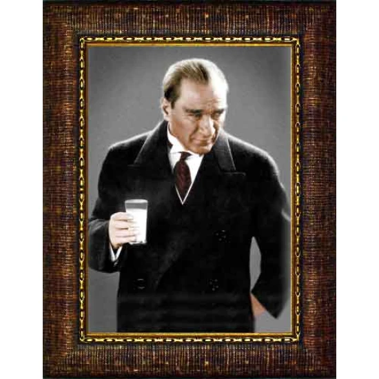 Atatürk Tablosu Çerçeveli - Ayran İçen, Rakı Diye İftira Atılan Mustafa Kemal Portresi ATACRAP43D