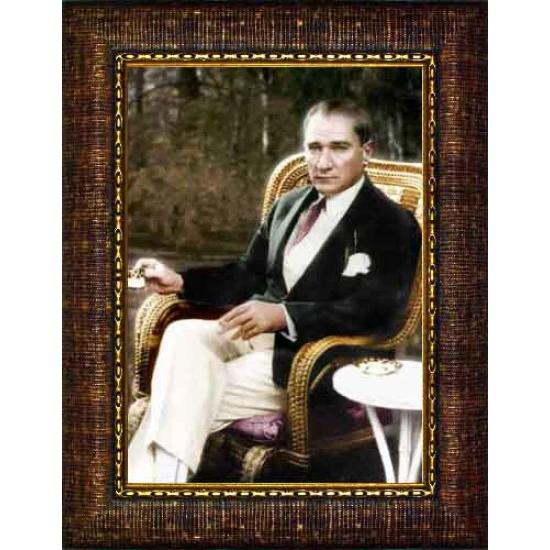Atatürk Tablosu Çerçeveli - Sandalyede Oturan Kahve İçen Mustafa Kemal Portresi ATACRAP54D