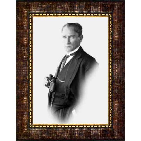 Atatürk Tablosu Çerçeveli - Dürbünlü Siyah/Beyaz Mustafa Kemal Portresi Dekupe Tasarım ATACRAP58D