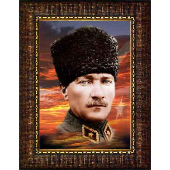 Atatürk Tablosu Kalpaklı Çerçeveli - Üniformalı Asker Mustafa Kemal Portresi Bayraklı ATACRAP61D