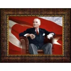 Atatürk Tablosu Çerçeveli - Koltukta Oturan Yana Bakan Mustafa Kemal Portresi Bayraklı ATACRAP63Y