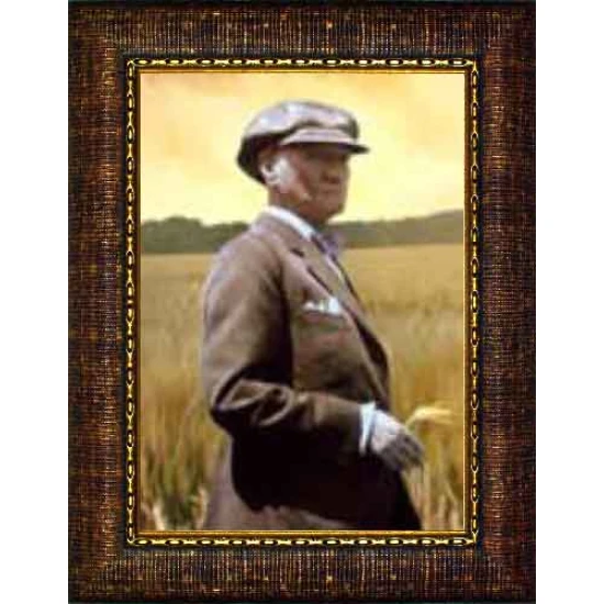 Atatürk Tablosu Çerçeveli - Tarlada Buğday Başakları Arasında Mustafa Kemal Portresi ATACRAP65D