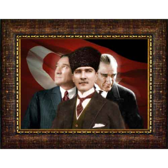 Atatürk Tablosu Çerçeveli - Yan Yana Üç Figürlü Mustafa Kemal Portresi ATACRAP70Y