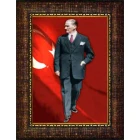 Atatürk Tablosu Çerçeveli - Ayakta Boydan Mustafa Kemal Portresi Eli Ceket Cebinde Bayraklı ATACRAP83D