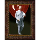 Atatürk Tablosu Çerçeveli - Ayakta Boydan Mustafa Kemal Portresi Elinde Şapkalı Bayraklı ATACRAP84D