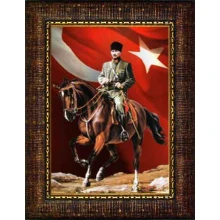 Atatürk Tablosu Çerçeveli - At Üstünde Mustafa Kemal Portresi Bayraklı ATACRAP86D